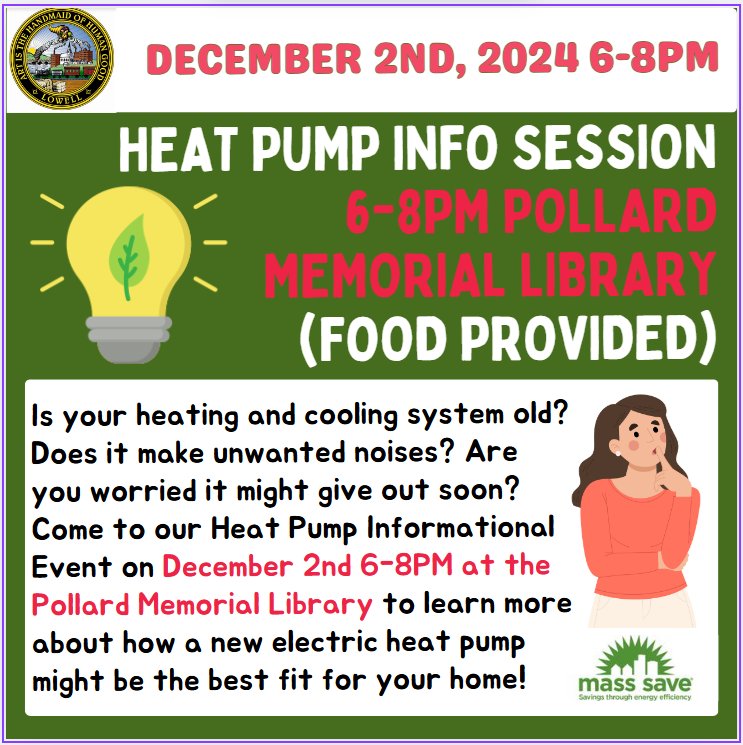 Poster for Heat Pump info session on December 2nd 2024 at the Pollard Memorial Library